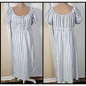 Free for All Dress Women’s Puff Sleeve Cottage Milkmaid Blue White Stripe Sz XL